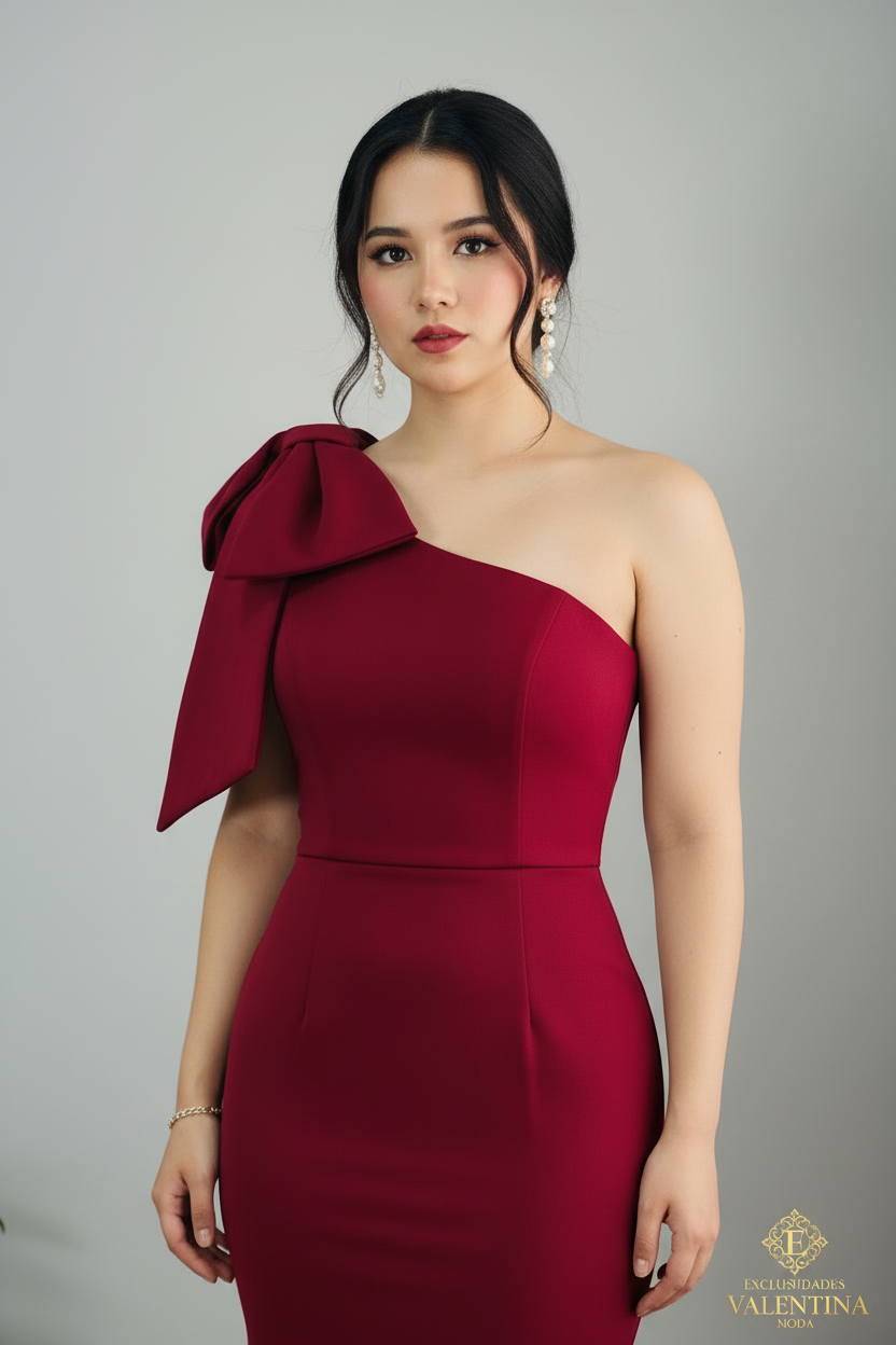 Vestido Rojo Vino Un Hombro Lazo Estructurado Sirena cod.926