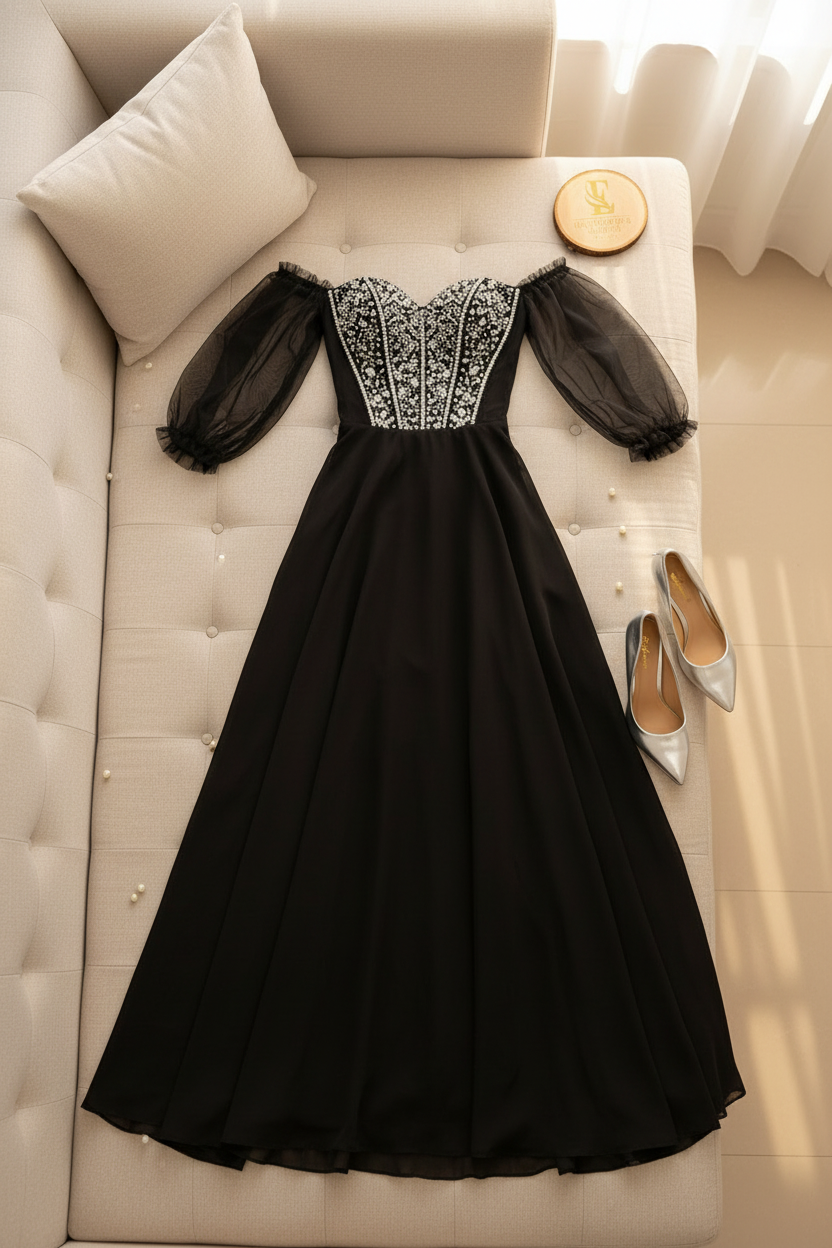 Vestido Formal Negro Off-Shoulder Corsé de Pedrería Plateada y Mangas de Tul cod.555