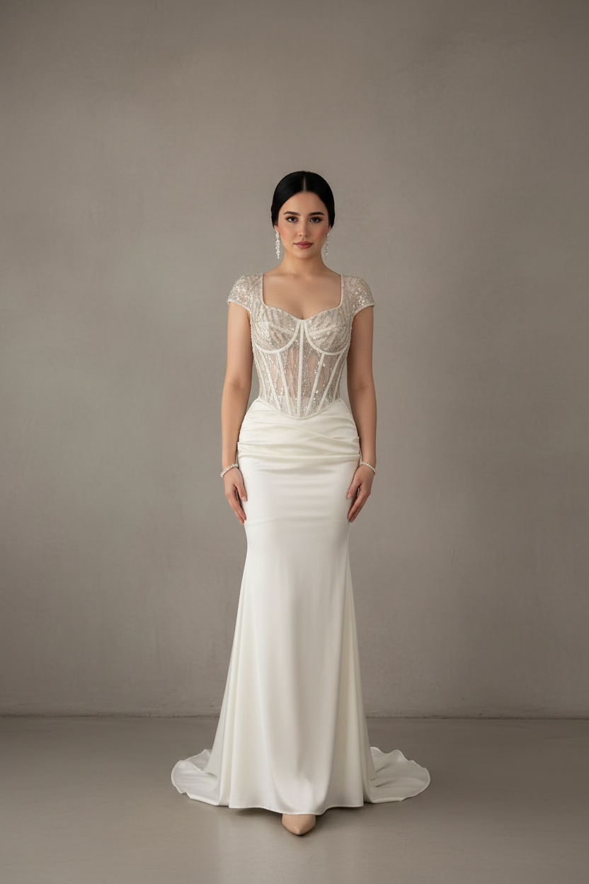 Vestido Sirena Blanco Marfil — Corset Transparente Perlas & Cola cod.881