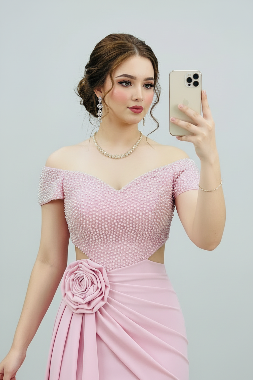 Vestido Formal Rosa Off-Shoulder Corset de Perlas con Rosa 3D y Falda Drapeada cod.531