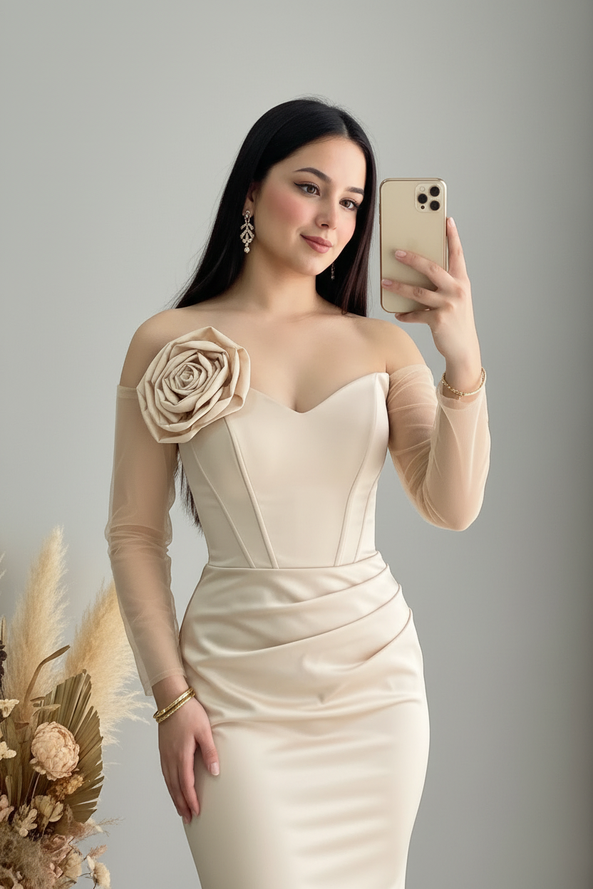 Vestido Champagne Manga Tul Asimétrica Rosa D cod.V423