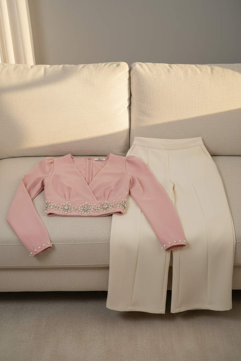 Conjunto Dos Piezas B. Rosa Cruzada y P. Crema con Cinturón Floral de Pedrería cod.C605