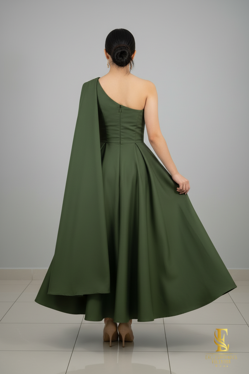 Vestido Verde Olivo Un Hombro Rosa cod.V328