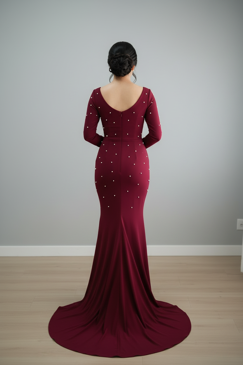 Vestido Sirena Borgoña con Perlas cod.V233