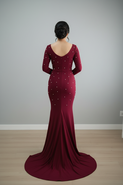 Vestido Sirena Borgoña con Perlas cod.V233