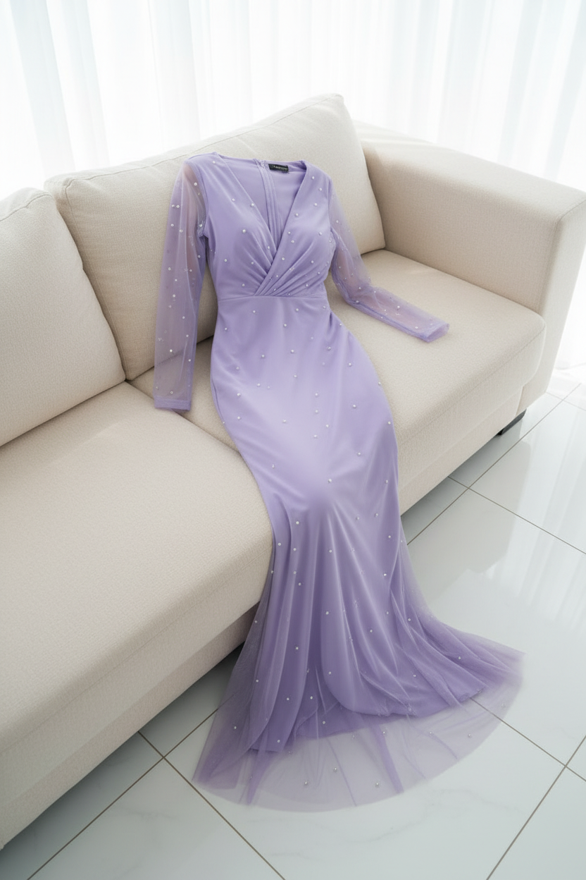 Vestido Lila Sirena con Perlas V357