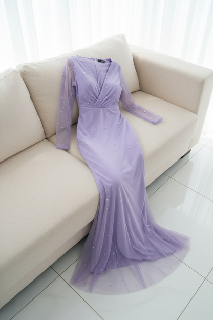 Vestido Lila Sirena con Perlas V357