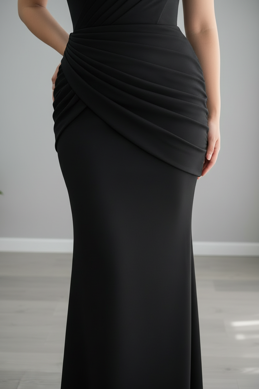 Vestido Negro Escote Corazón Tirantes Estructurados Drapeado Sirena cod.742