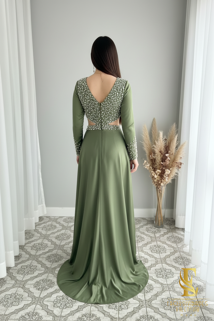 Vestido Verde Olivo Manga Larga con Perlas Cristales y Rosa 3D cod.V286