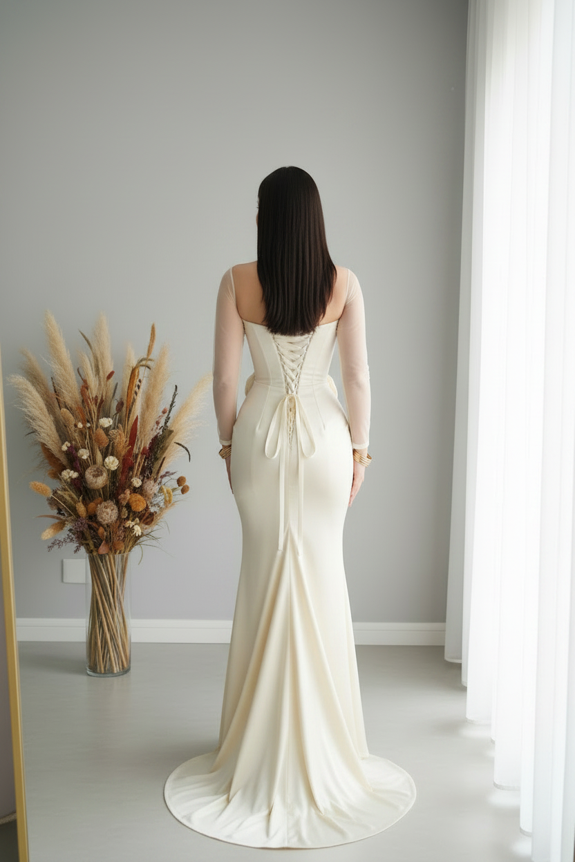 Vestido Marfil Manga Tul Asimétrica Dos Rosas D cod.V425
