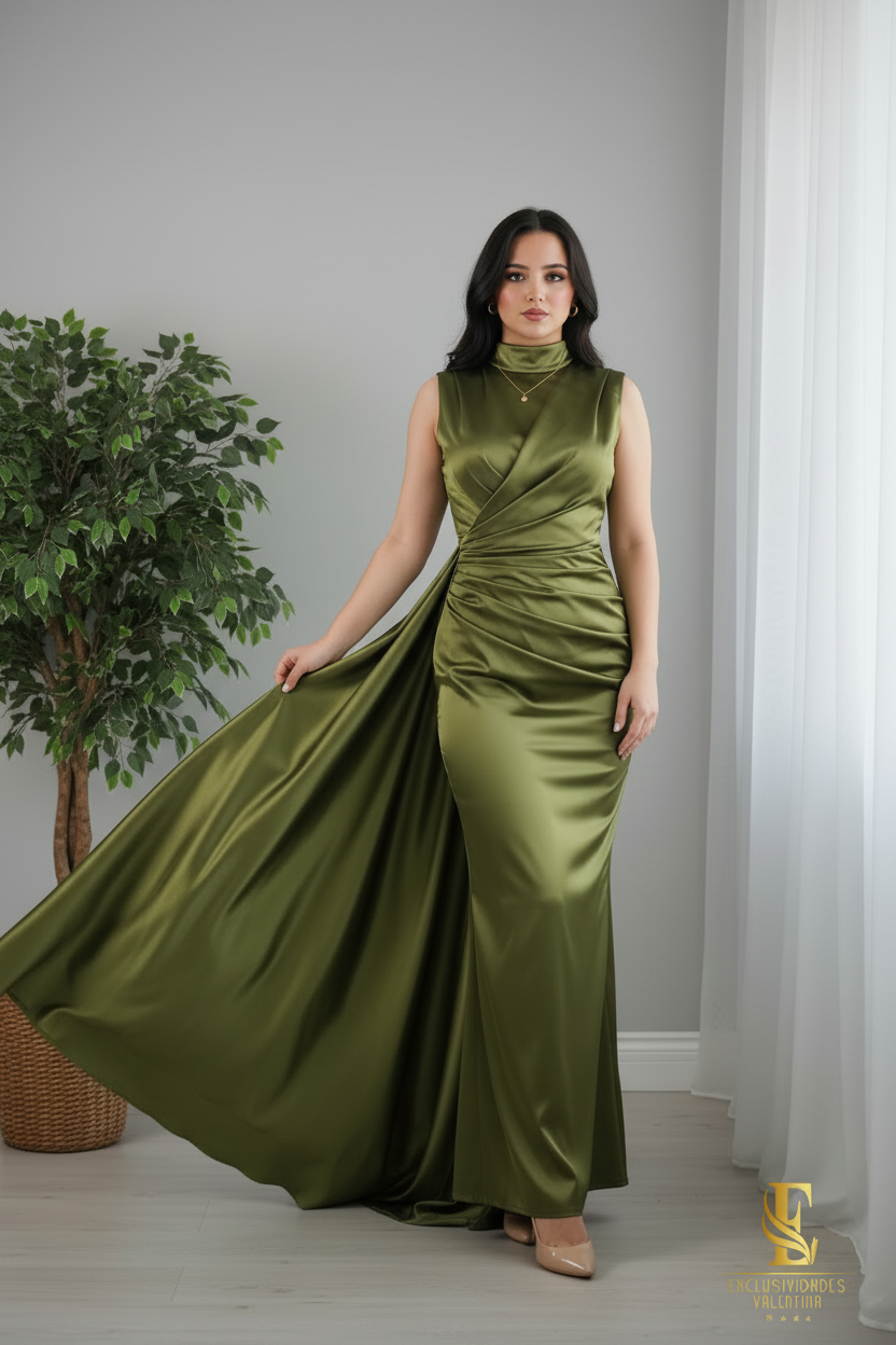 Vestido Verde Militar Satinado — Cuello Alto Drapeado con Capa Voluminosa cod.0051