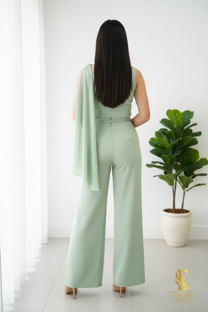 Conjunto Verde Sage Top Un Hombro Rosa 3D con Palazzo y Cinturón cod.C288