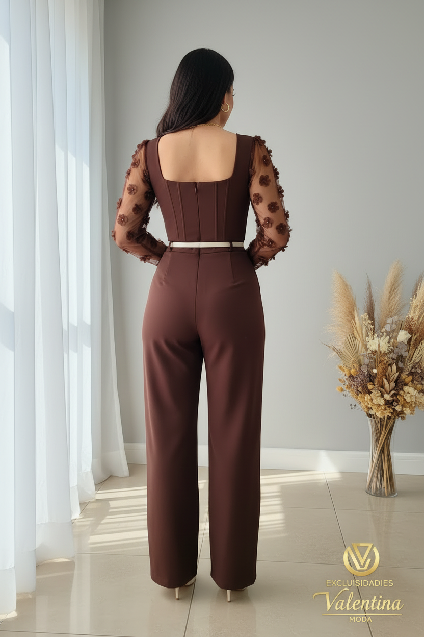 Conjunto Corset Chocolate con Mangas Florales cod.C789