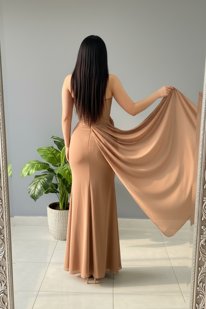 Vestido Camel Drape – Gown Un Hombro con Rosa & Panel Fluido cod.677