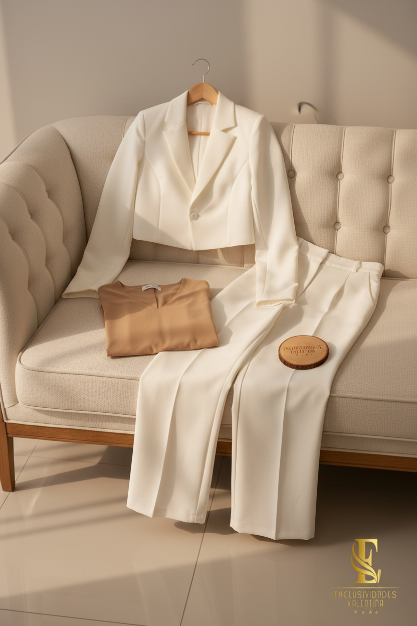 Conjunto Blanco Roto Blazer Crop Pantalón Palazzo Tiro Alto cod.00115