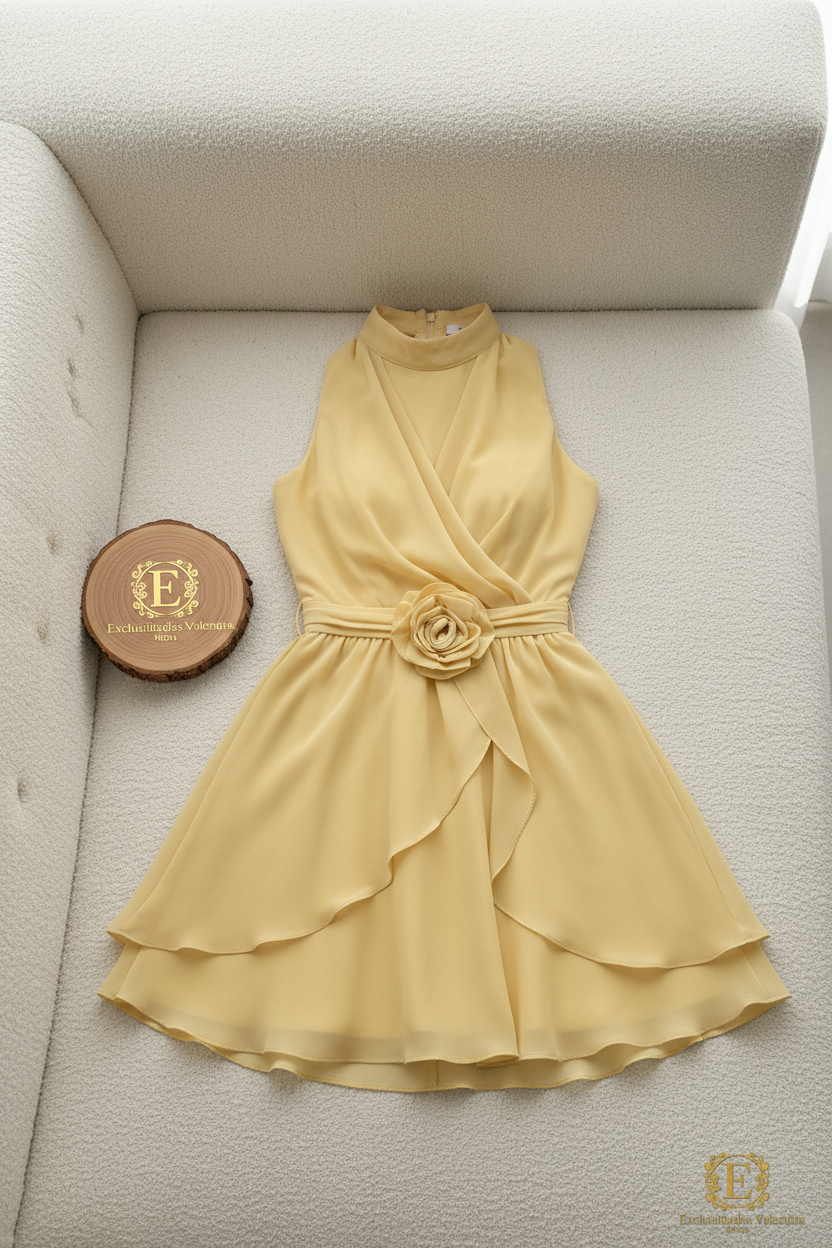 Vestido Amarillo Mantequilla Halter Rosa 3D Falda Capas Chifón cod.931