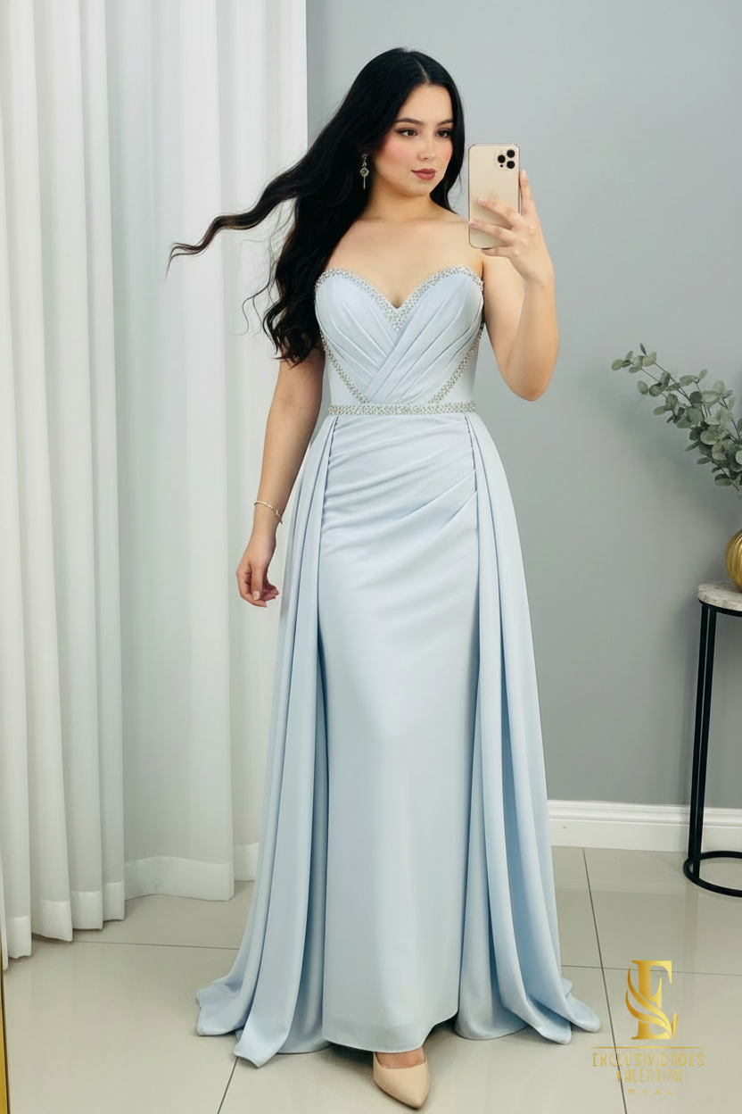 Vestido Azul Cielo Strapless con Cristales y Falda Doble cod.0064