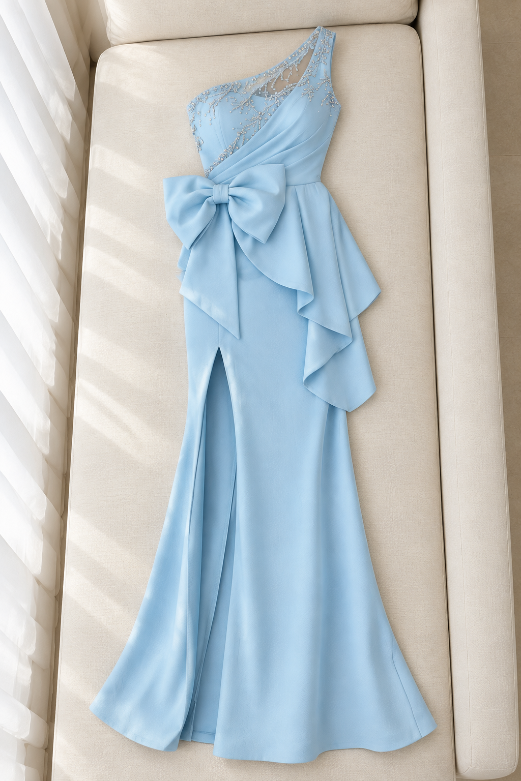 Vestido largo celeste de un hombro con pedrería y gran lazo cod. VC014