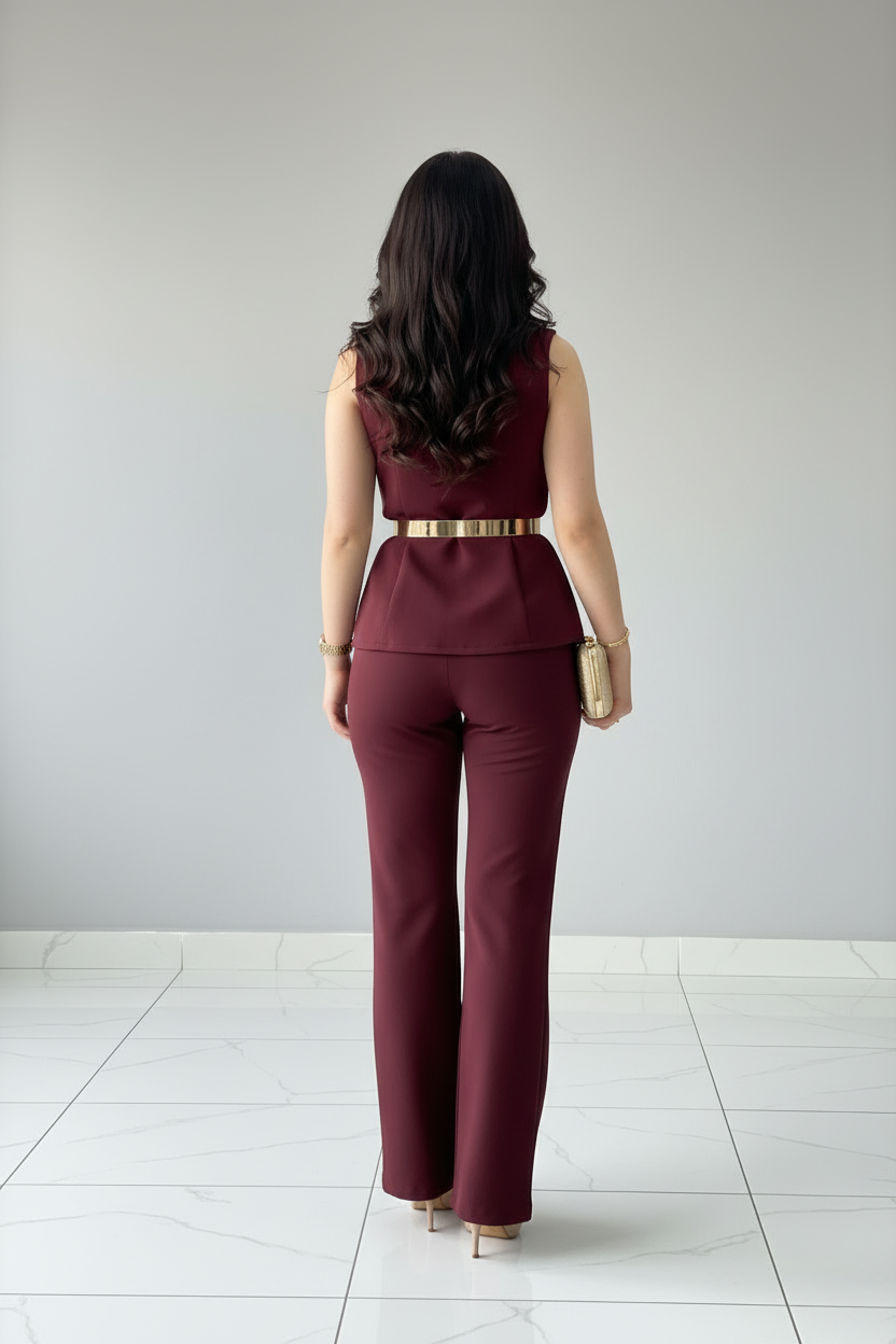 Conjunto Elegante Vino Chaleco Peplum con Botones Dorados y Pantalón Flare cod.519