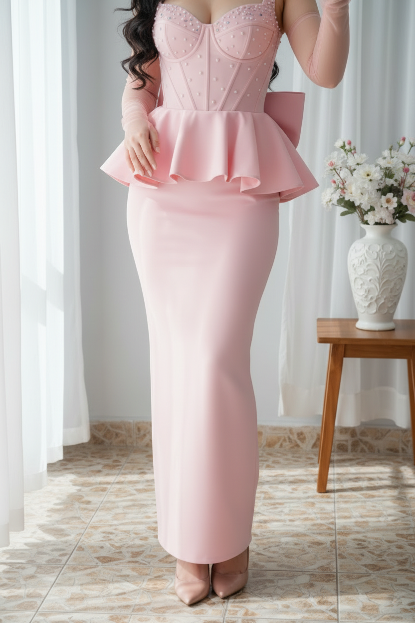 Conjunto Gala Rosa Baby Corset Perlas Peplum Doble y Lazo cod.C0033