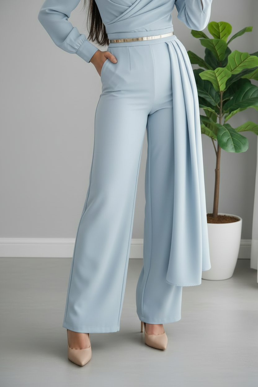 Conjunto Sky Blue Palazzo – Top Cruzado Drapeado Manga Larga + Pantalón Palazzo cod.694