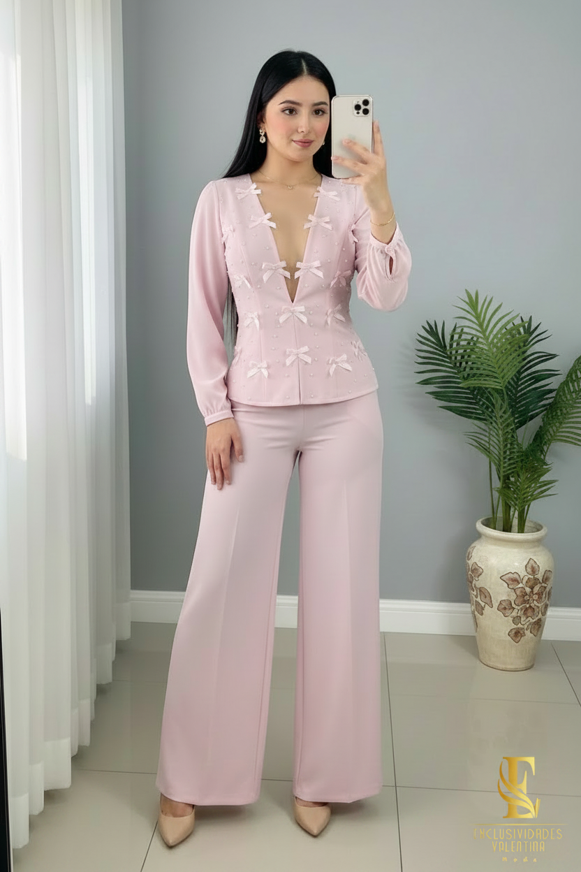 Conjunto Rosa Palo — Top Lazos 3D & Palazzo cod.0041