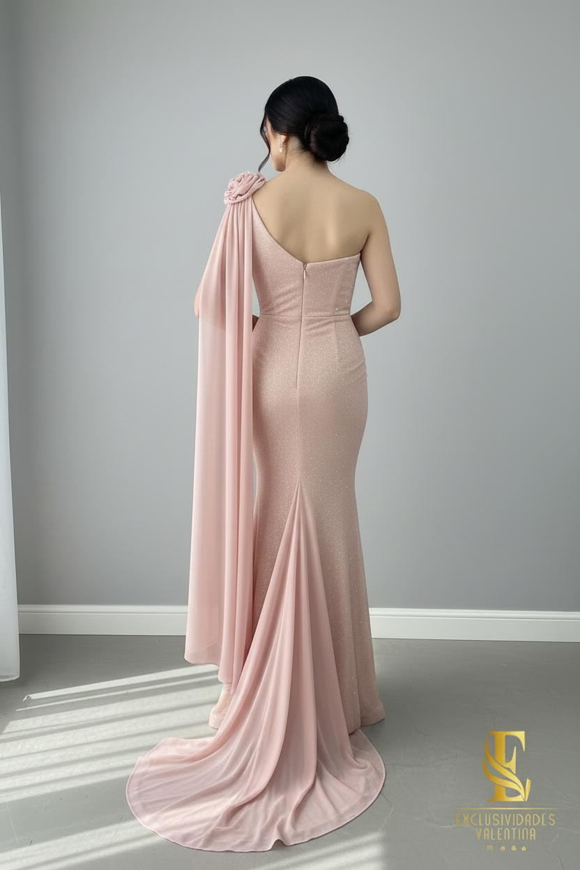Vestido Sirena Rosa Palo Un Hombro con Rosa Espiral y Capa de Gasa cod.V253