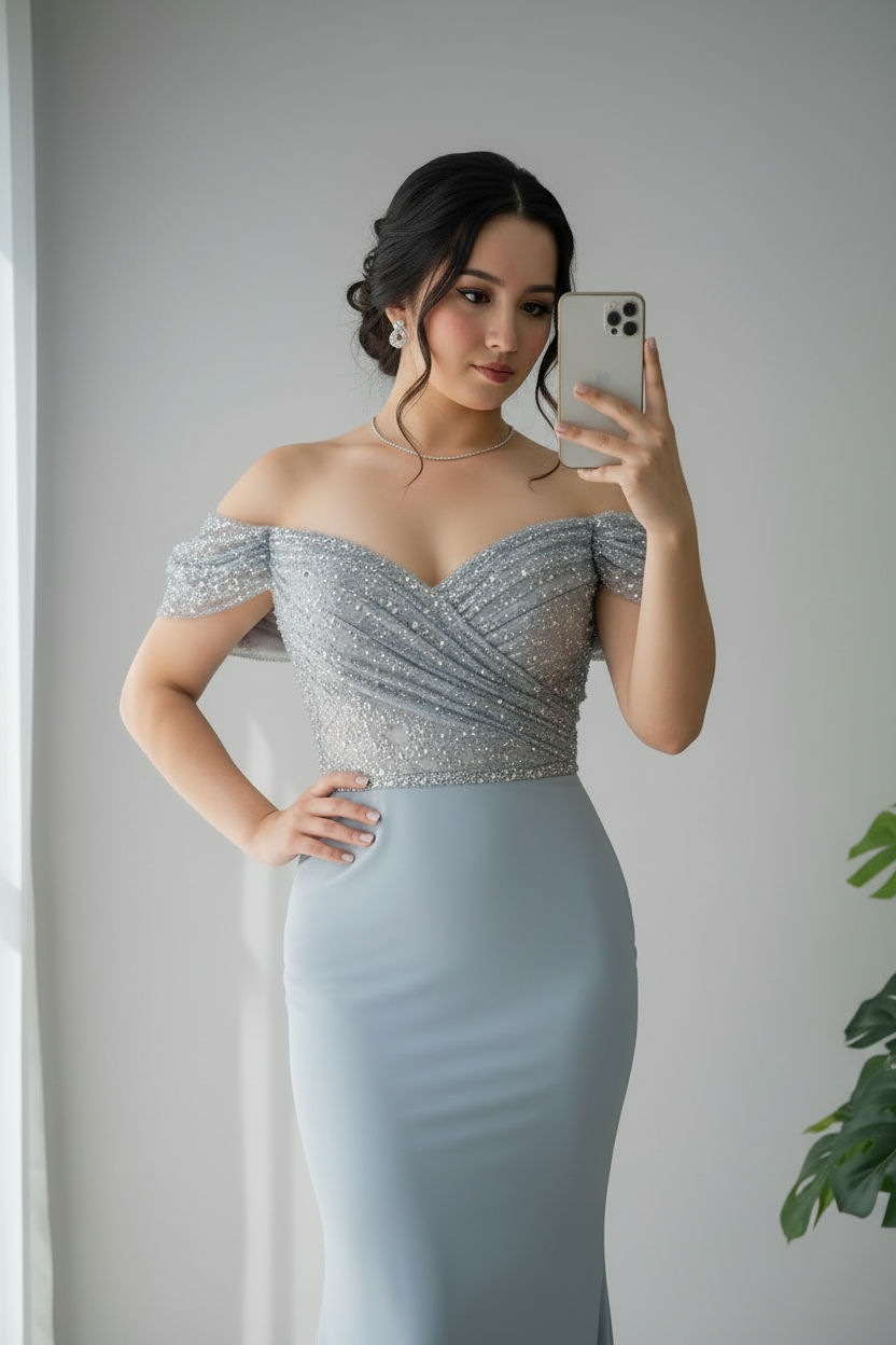 Vestido Azul Gris Off-Shoulder con Pedrería cod.710