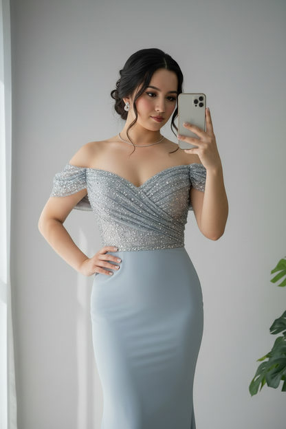 Vestido Azul Gris Off-Shoulder con Pedrería cod.710