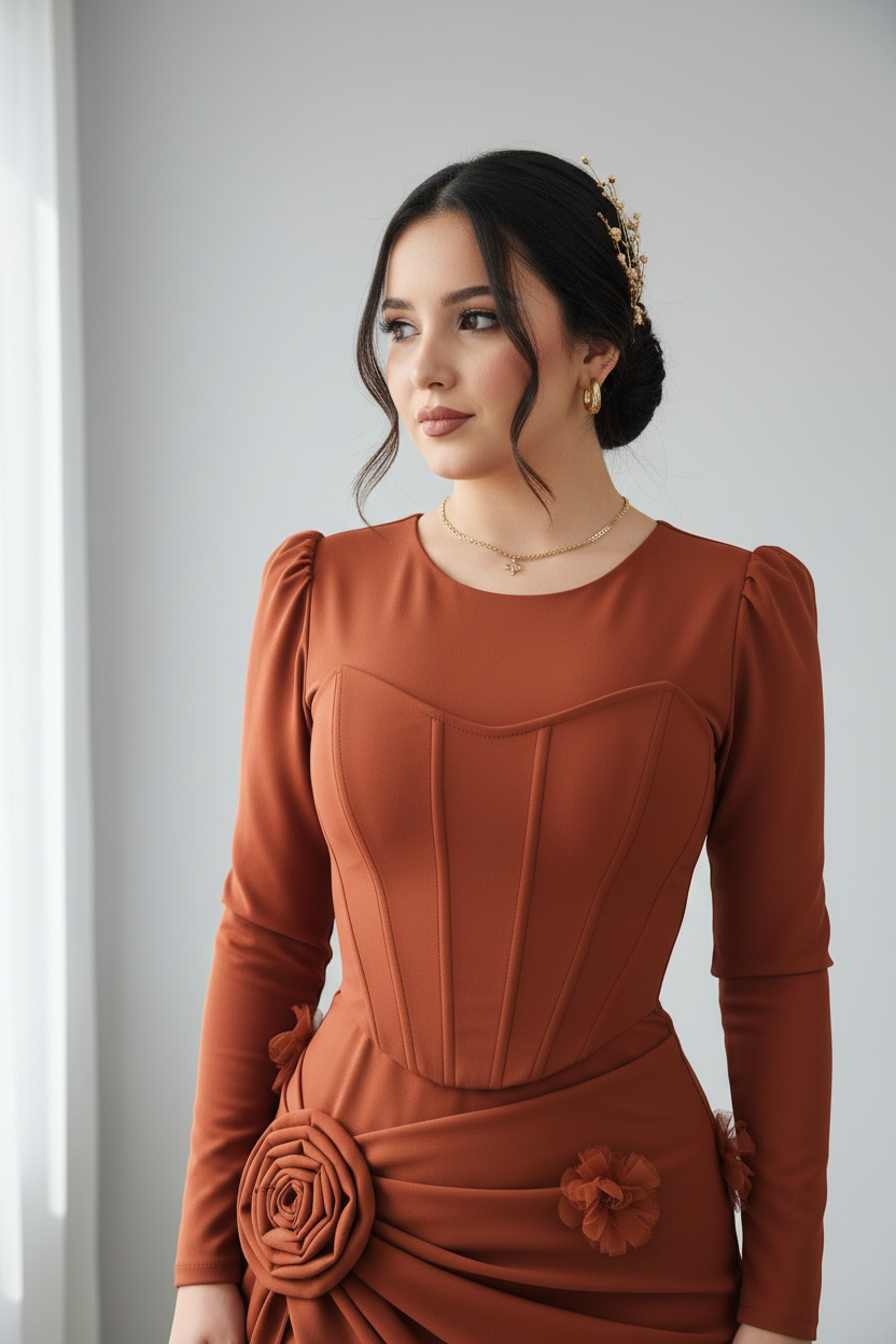Vestido Corset Terracota Rosa 3D