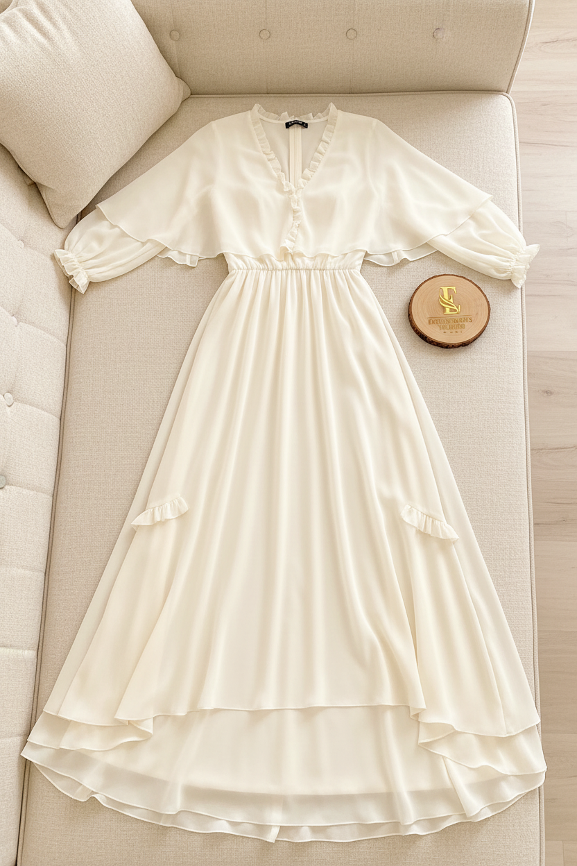 Vestido Crema Marfil Bohemio Escote V Ruffle Capa Gasa Manga Abullonada Falda A-line Volante cod.845