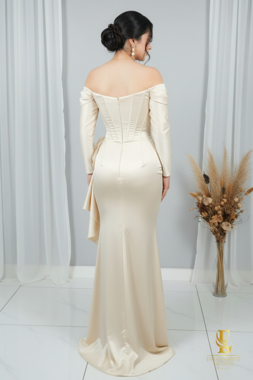 Vestido Champagne Ivory Off-Shoulder Sirena Manga Larga Rosa 3D cod.V302