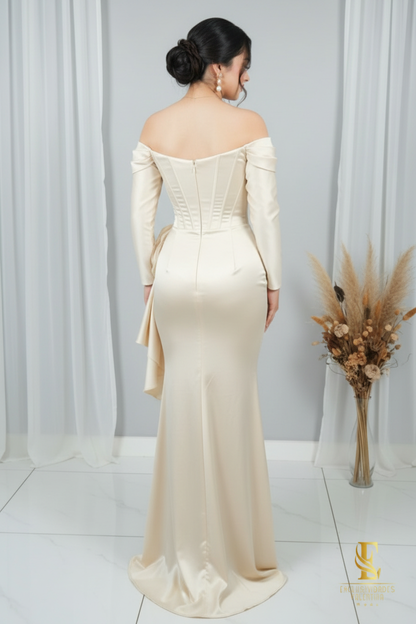 Vestido Champagne Ivory Off-Shoulder Sirena Manga Larga Rosa 3D cod.V302