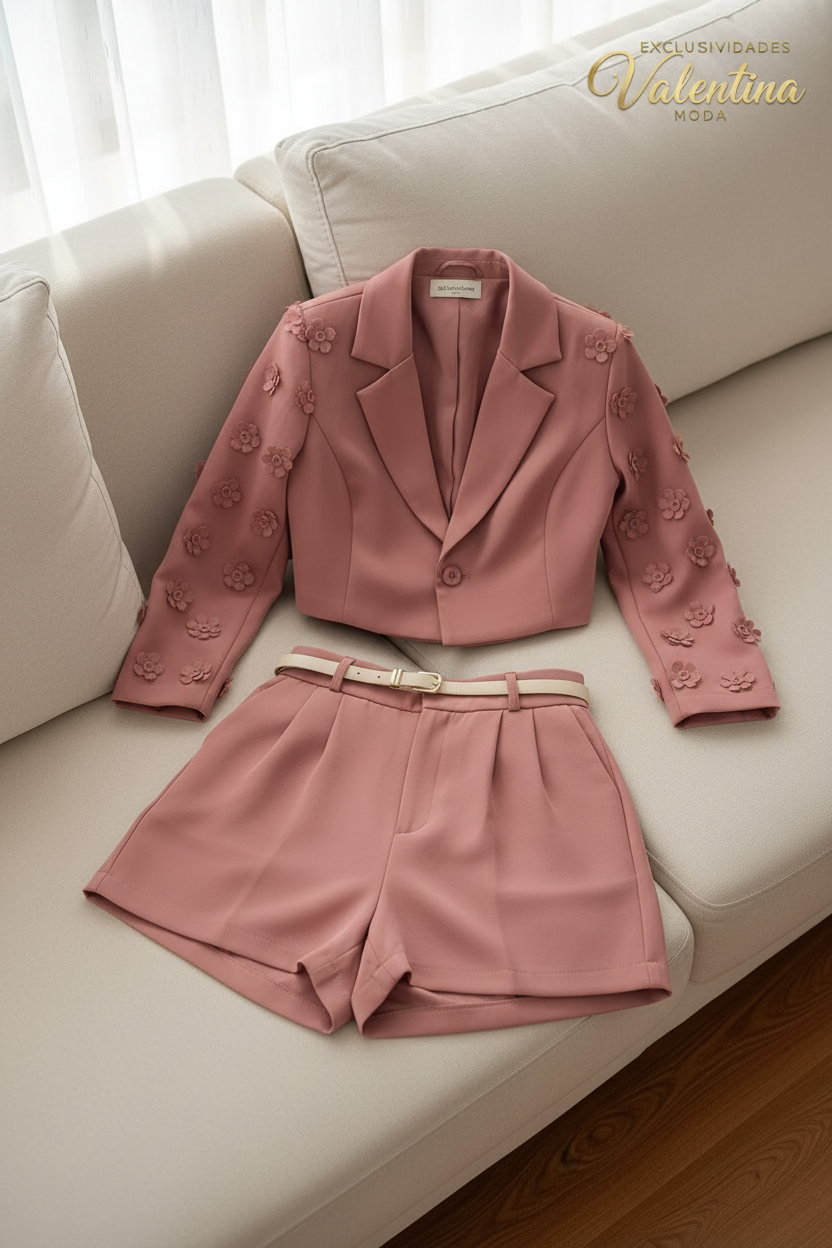 Conjunto Blazer Rosado con Flores en Mangas & Short cod.C796