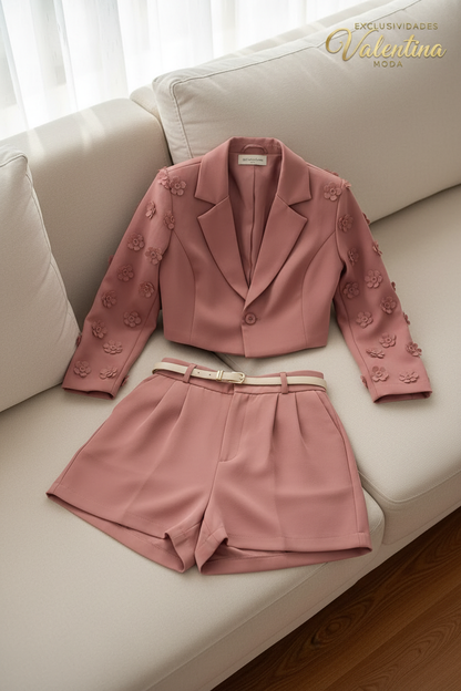 Conjunto Blazer Rosado con Flores en Mangas & Short cod.C796