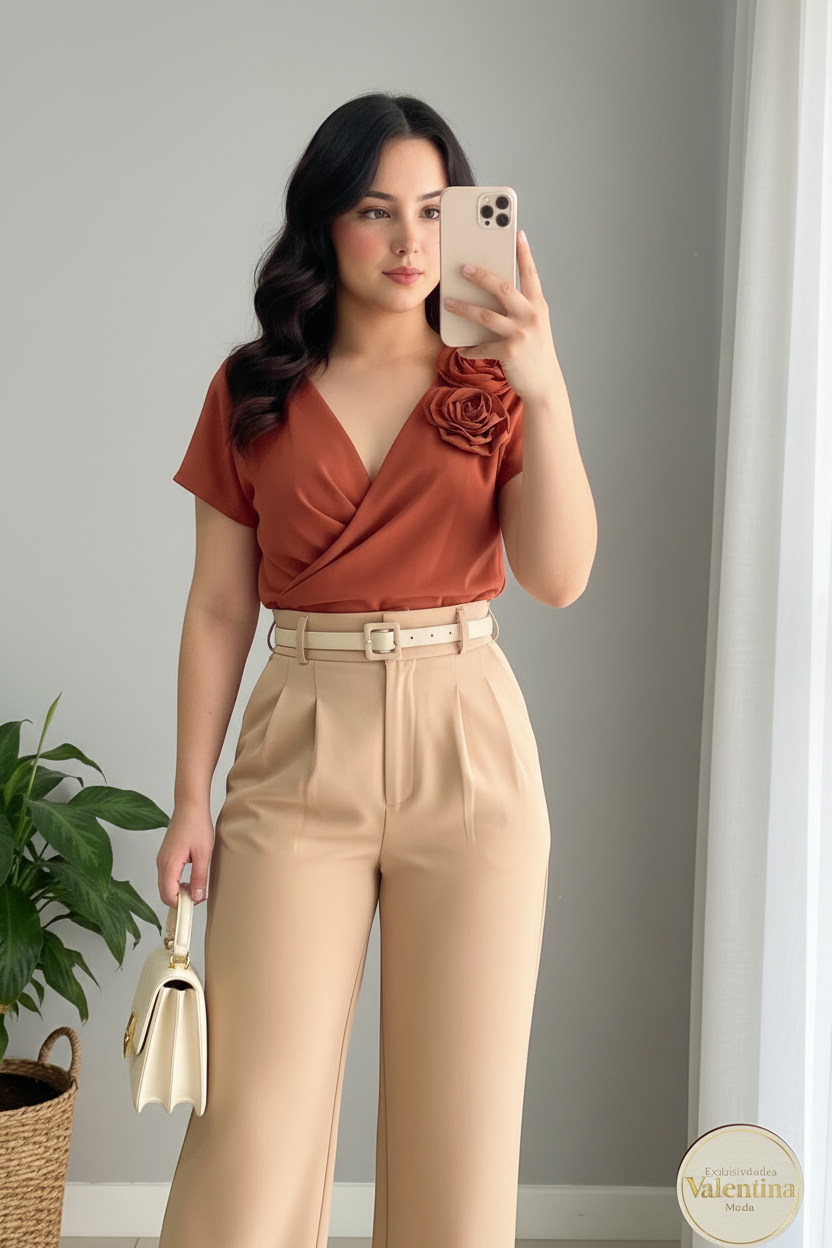 Conjunto 2 Piezas Top Terracota Rosa 3D y Palazzo Beige cod.00135