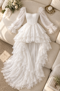 Vestido Novia Blanco Corset Perlas Mangas Tul Puff Falda Alta Baja Capas cod.V0037