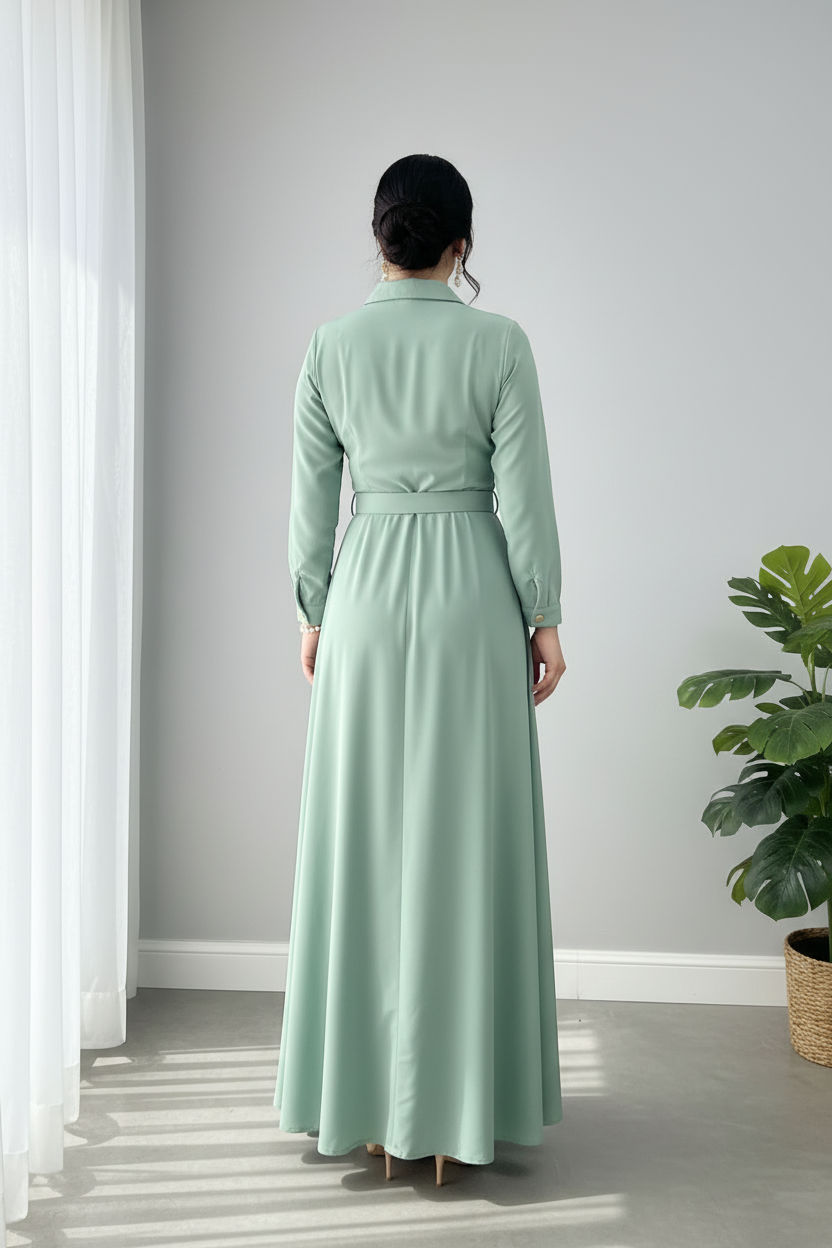 Vestido Verde Menta Liso Manga Larga Cuello Camisero Cinturon A-Line cod.825