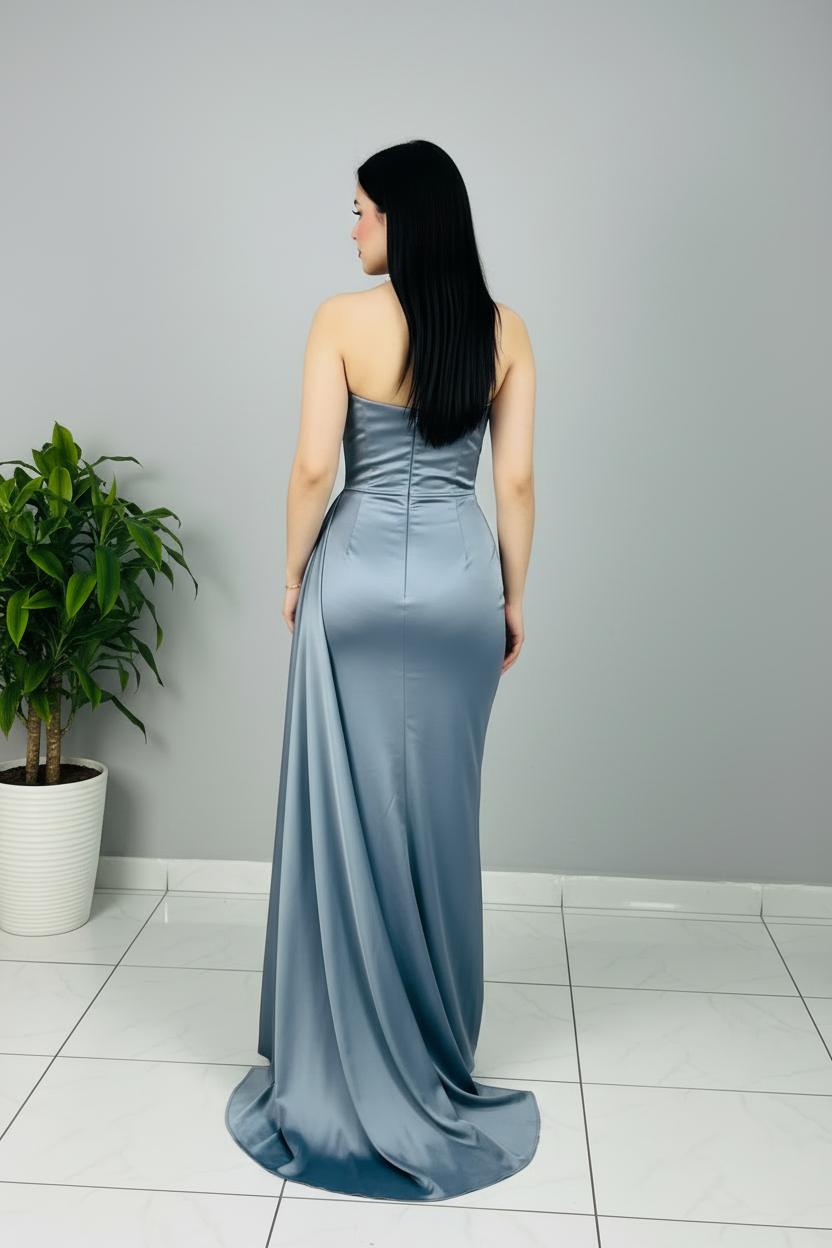 Vestido Steel Blue Sirena – Gown Gris Azulado Strapless con Cola cod.673