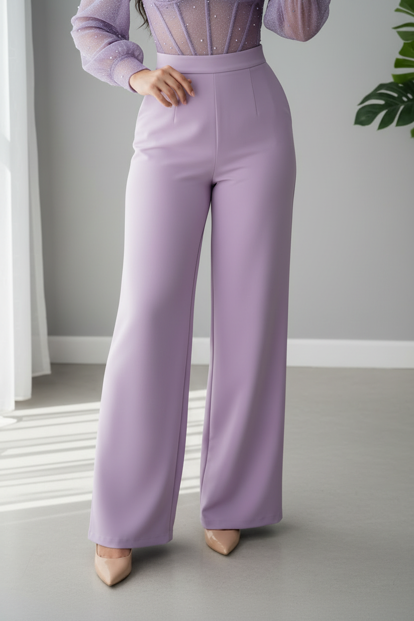 Conjunto Lila Lavanda Corset Tul Perlas + Pantalón Palazzo cod.C695