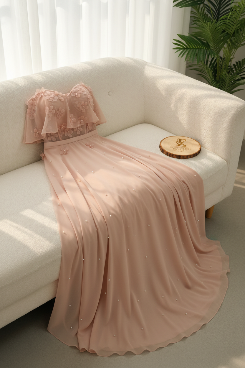 Vestido Rosa Nude — Top Floral & Falda Maxi cod.852