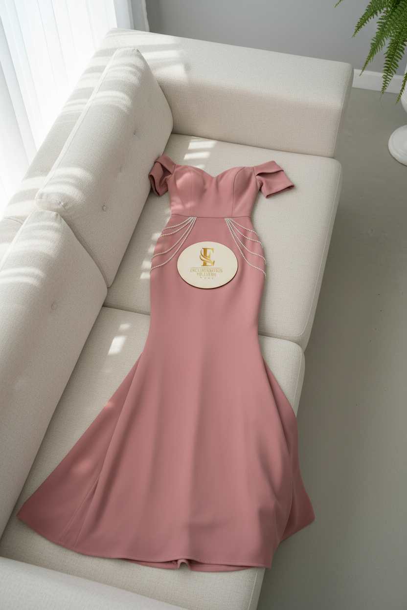 Vestido Rosa Palo Sirena Off-Shoulder con Cadenas de Perlas cod.0069