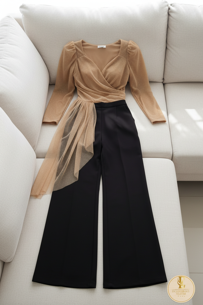 Conjunto Top Tul Dorado Cruzado Manga Abullonada y Pantalón Palazzo Negro  cod.738