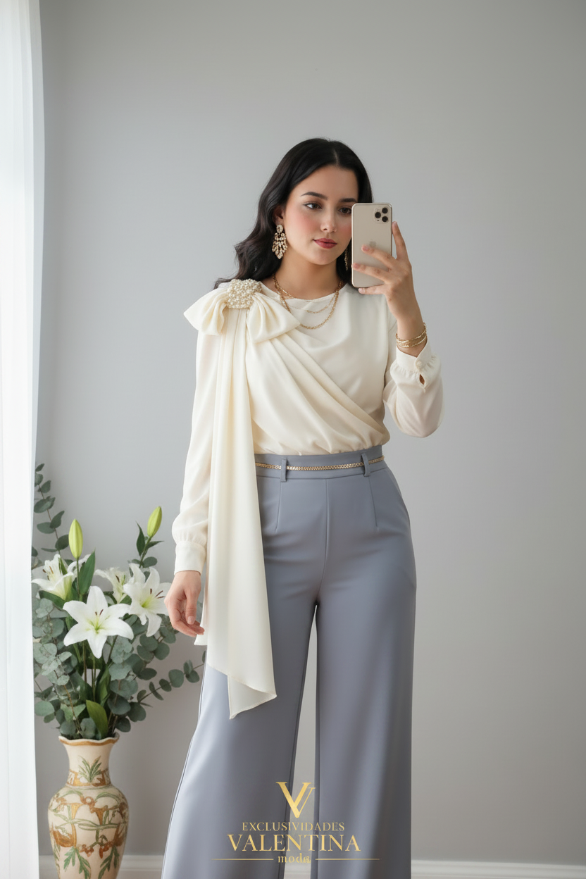Conjunto Blusa Blanca con Fular y Pantalón Gris cod.C332