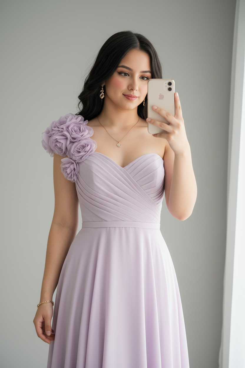 Vestido Lila Línea A con Rosas 3D en el Hombro cod.V605