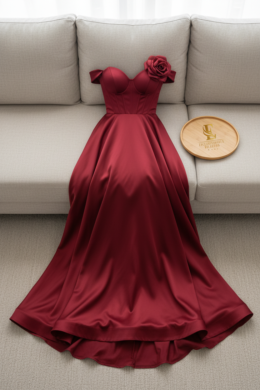 Vestido Rojo Vino Off-Shoulder Corsé con Rosa 3D y Falda Ball Gown cod.980