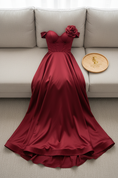 Vestido Rojo Vino Off-Shoulder Corsé con Rosa 3D y Falda Ball Gown cod.980