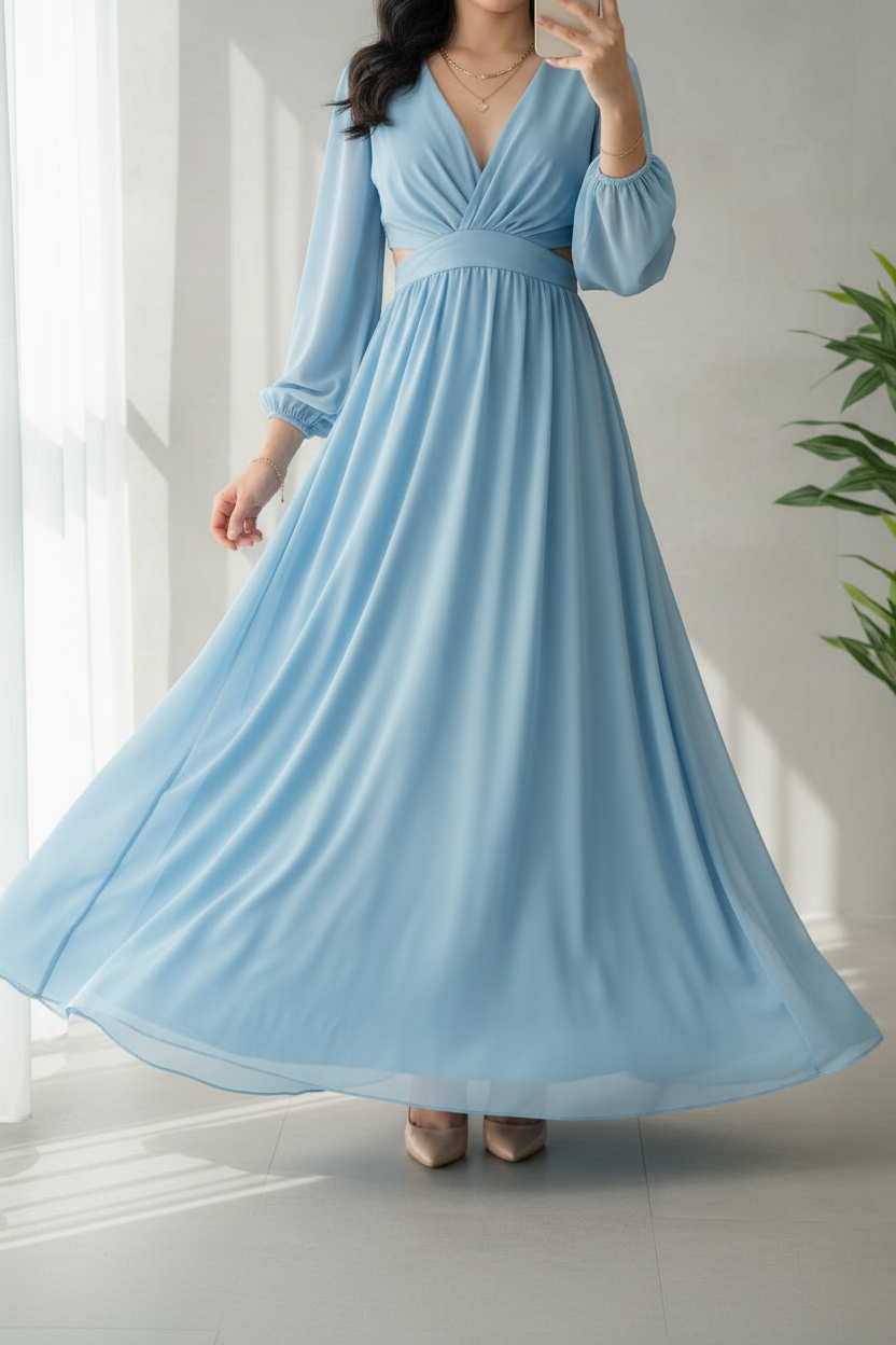 Vestido Sky Blue – Gown Azul Cielo Manga Larga Escote V con Abertura en Cintura cod.685