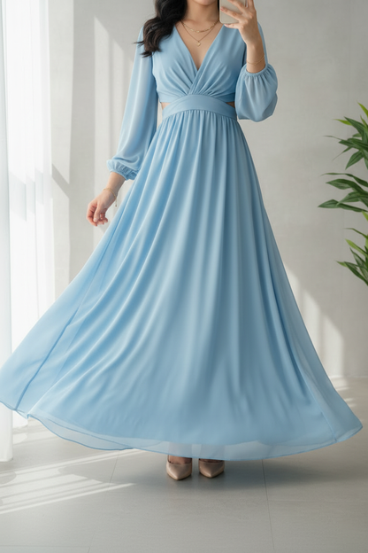 Vestido Sky Blue – Gown Azul Cielo Manga Larga Escote V con Abertura en Cintura cod.685