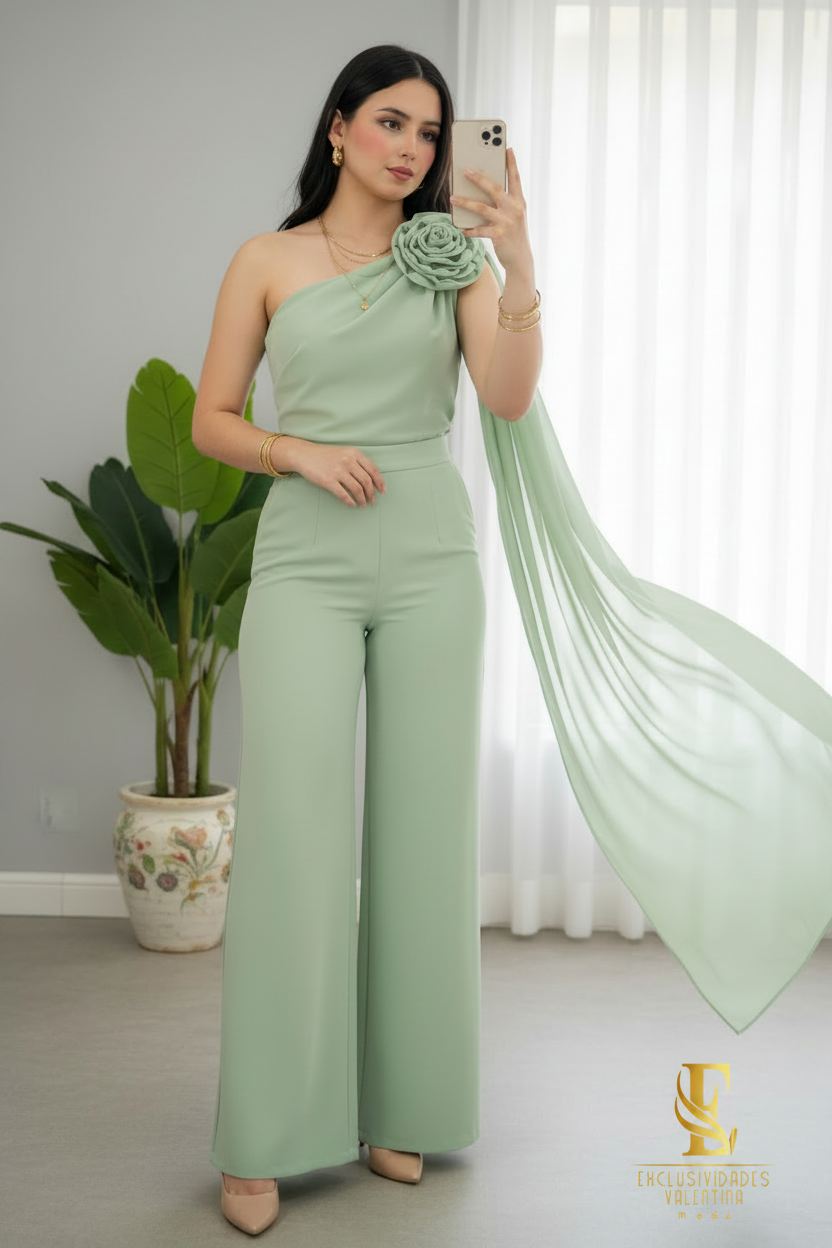 Conjunto Verde Menta — Top Un Hombro Rosa 3D con Capa & Palazzo cod. 0046